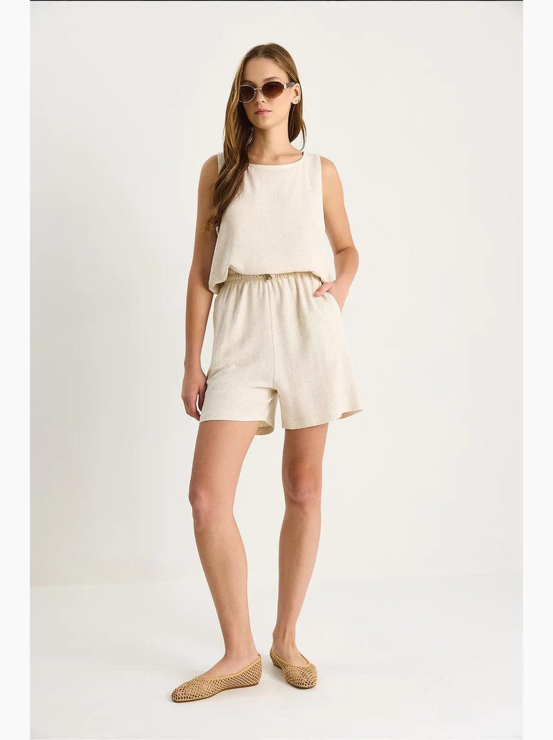 Ensemble deux pièces taille haute en lin mélangé à jambes larges lucci Beige argile - Kiabi