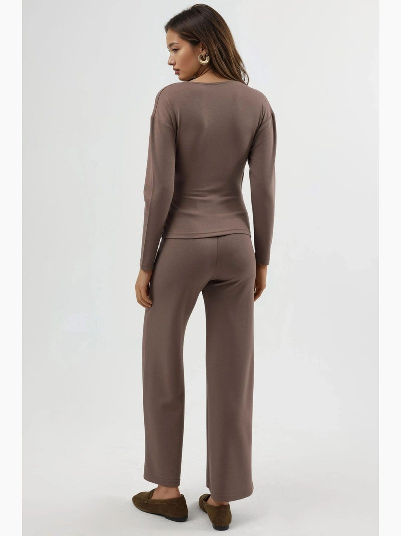 Ensemble deux pièces taille haute jambes larges avec chemisier croisé hiccup Marron clair - Kiabi