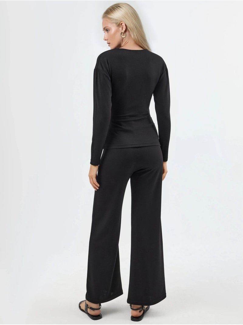 Ensemble deux pièces taille haute jambes larges avec chemisier croisé hiccup Noir - Kiabi
