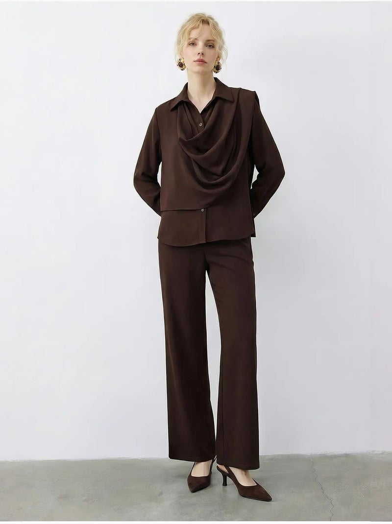 Ensemble deux pièces taille haute jambes larges avec col chemise lucci Marron foncé - Kiabi