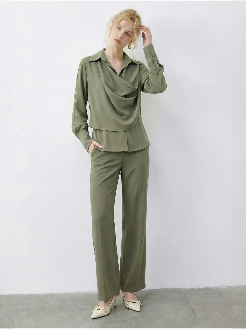 Ensemble deux pièces taille haute jambes larges avec col chemise lucci Vert kaki - Kiabi