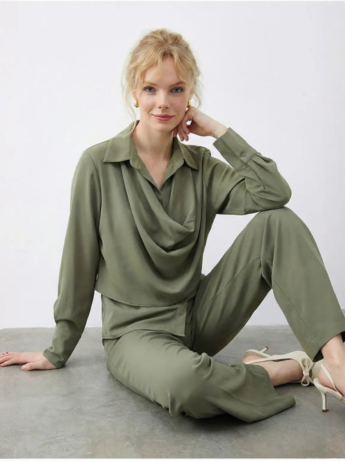 Ensemble deux pièces taille haute jambes larges avec col chemise lucci - Kiabi