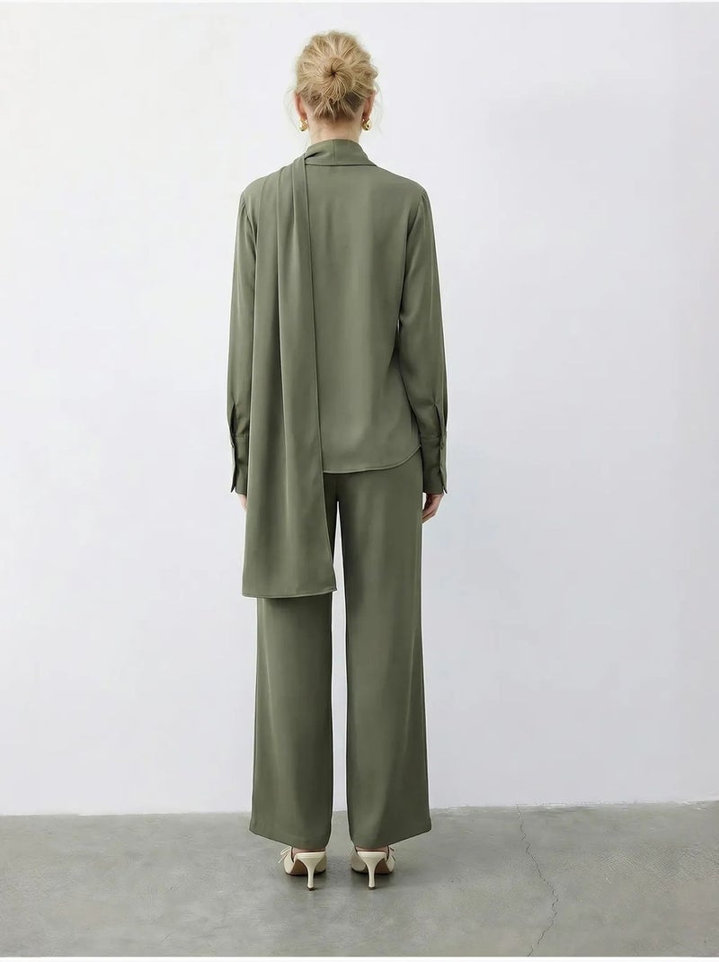 Ensemble deux pièces taille haute jambes larges avec col chemise lucci Vert kaki - Kiabi