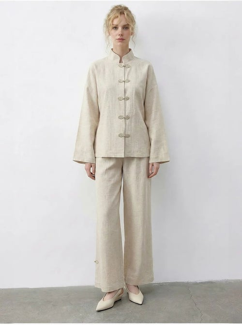 Ensemble deux pièces taille haute jambes larges avec col mandarin lucci - Kiabi