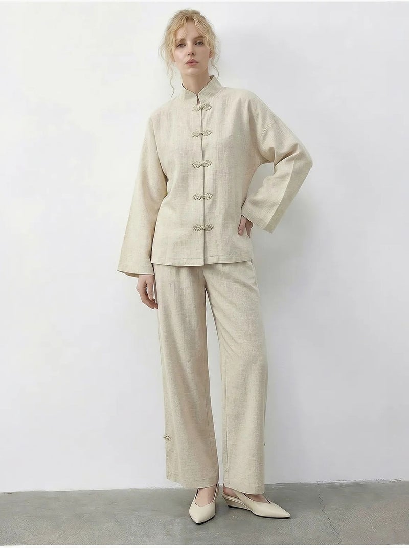 Ensemble deux pièces taille haute jambes larges avec col mandarin lucci Crème - Kiabi