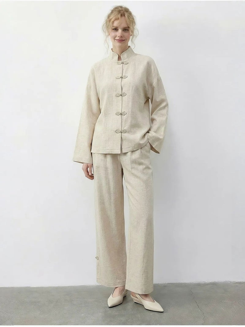 Ensemble deux pièces taille haute jambes larges avec col mandarin lucci Crème - Kiabi