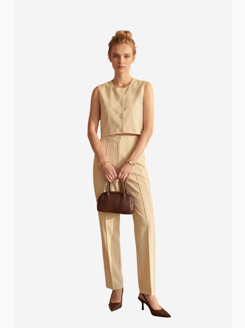 Ensemble deux pièces taille haute jambes larges avec détails de boutons my fashion Beige argile - Kiabi