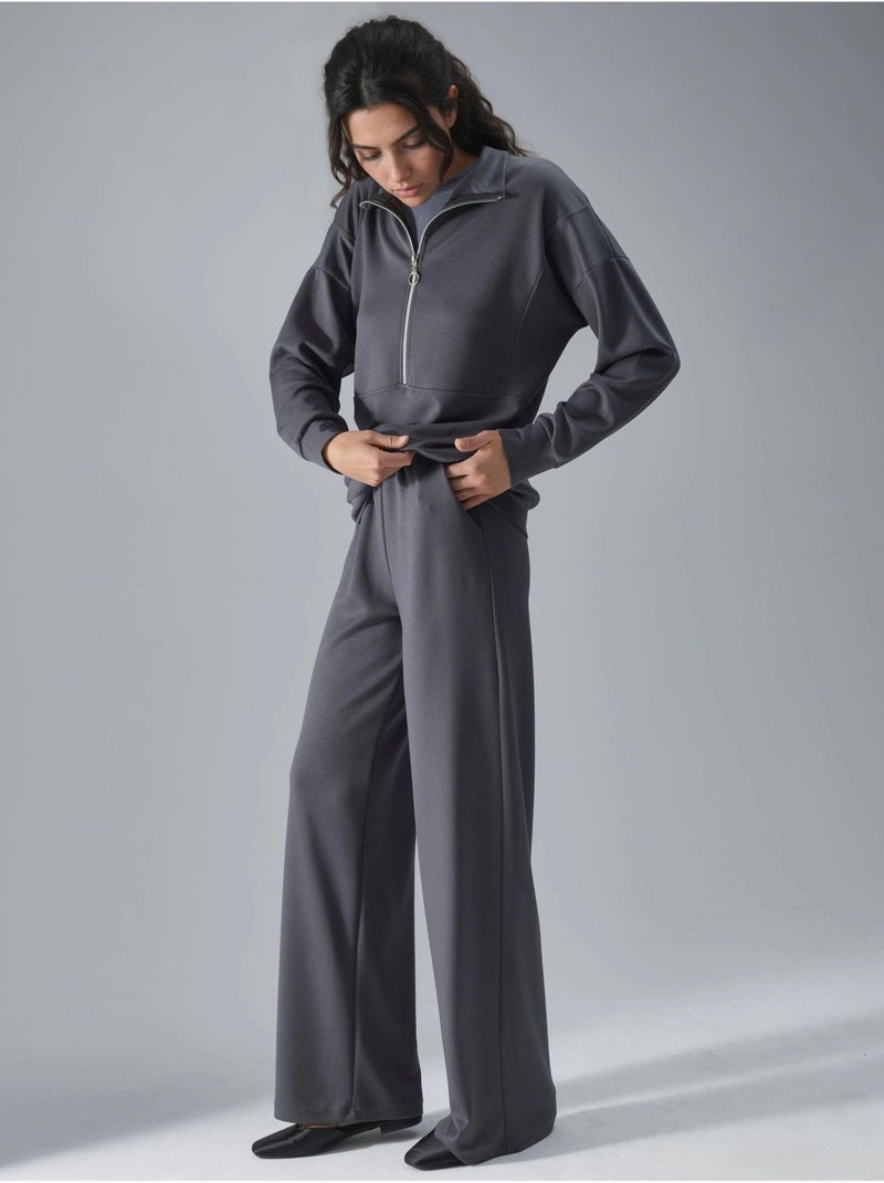 Ensemble deux pièces tricoté à jambes larges et col zippé hiccup Gris foncé - Kiabi
