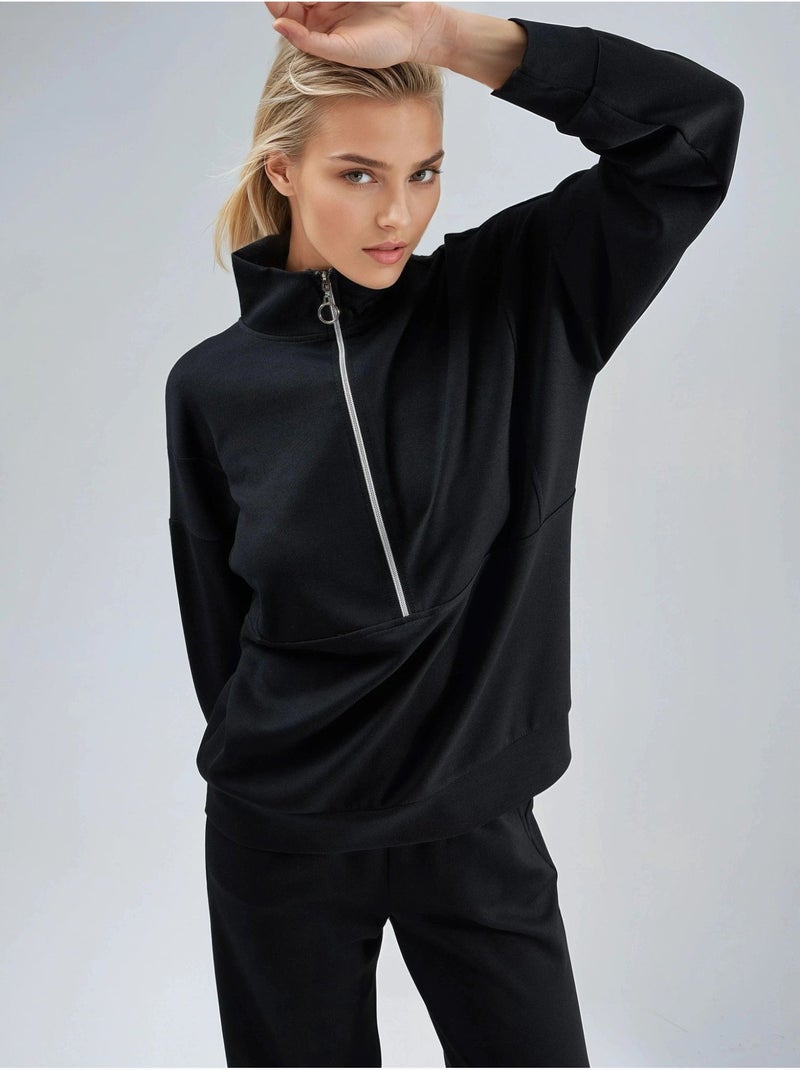Ensemble deux pièces tricoté à jambes larges et col zippé hiccup Noir - Kiabi