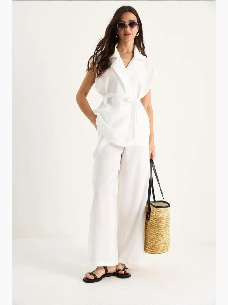 Ensemble gilet ceinturé bianco avec pantalon palazzo à poches et modal lucci Blanc - Kiabi