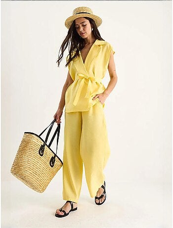 Ensemble gilet ceinturé bianco avec pantalon palazzo à poches et modal lucci