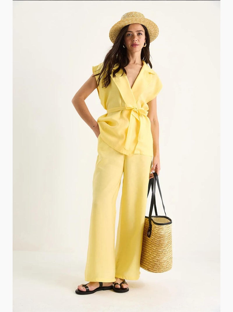 Ensemble gilet ceinturé bianco avec pantalon palazzo à poches et modal lucci Jaune citron - Kiabi