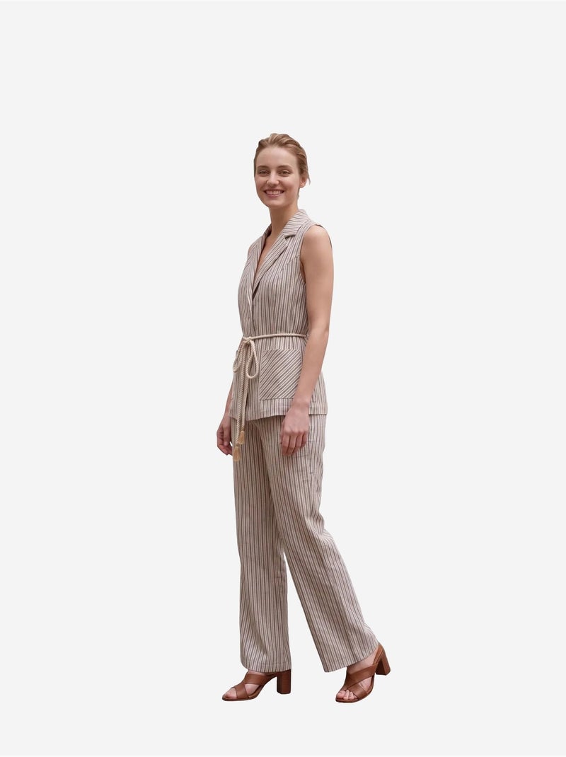 Ensemble gilet et pantalon large à rayures et col châle my fashion Sable - Kiabi