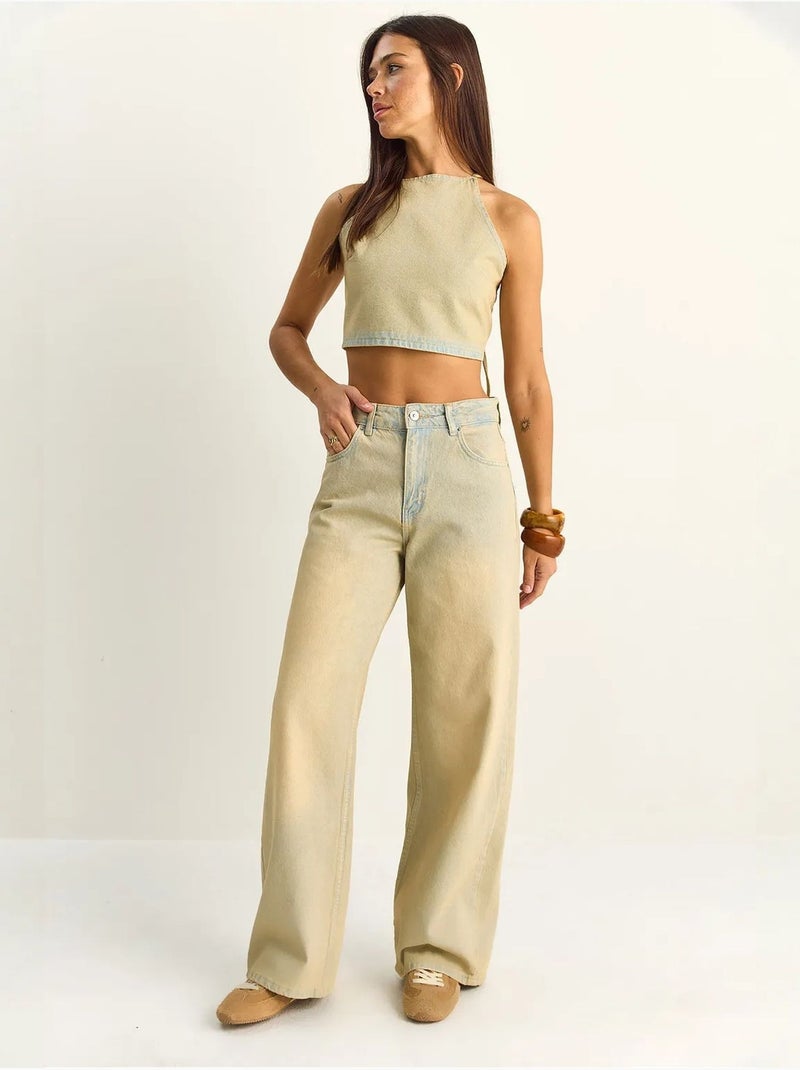 Ensemble haut dos-nu en denim taille haute et pantalon à jambes larges lucci Beige argile - Kiabi