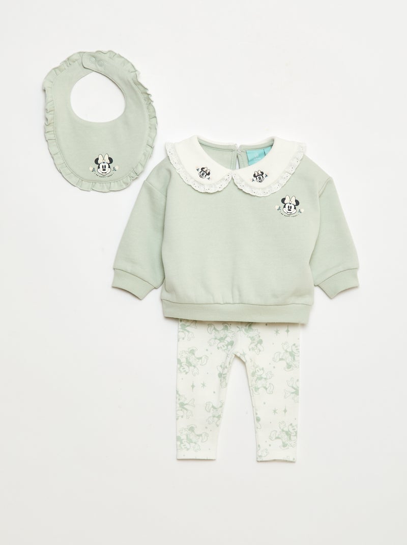 Ensemble jogging sweat + pantalon + bavoir 'Disney' 'Minnie' - 3 pièces Vert - Kiabi