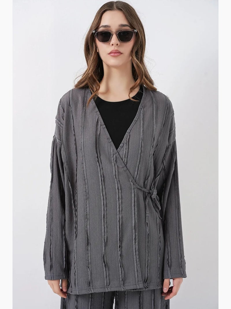 Ensemble kimono et pantalon large à col en v texturé et détail cravate bdart Gris - Kiabi