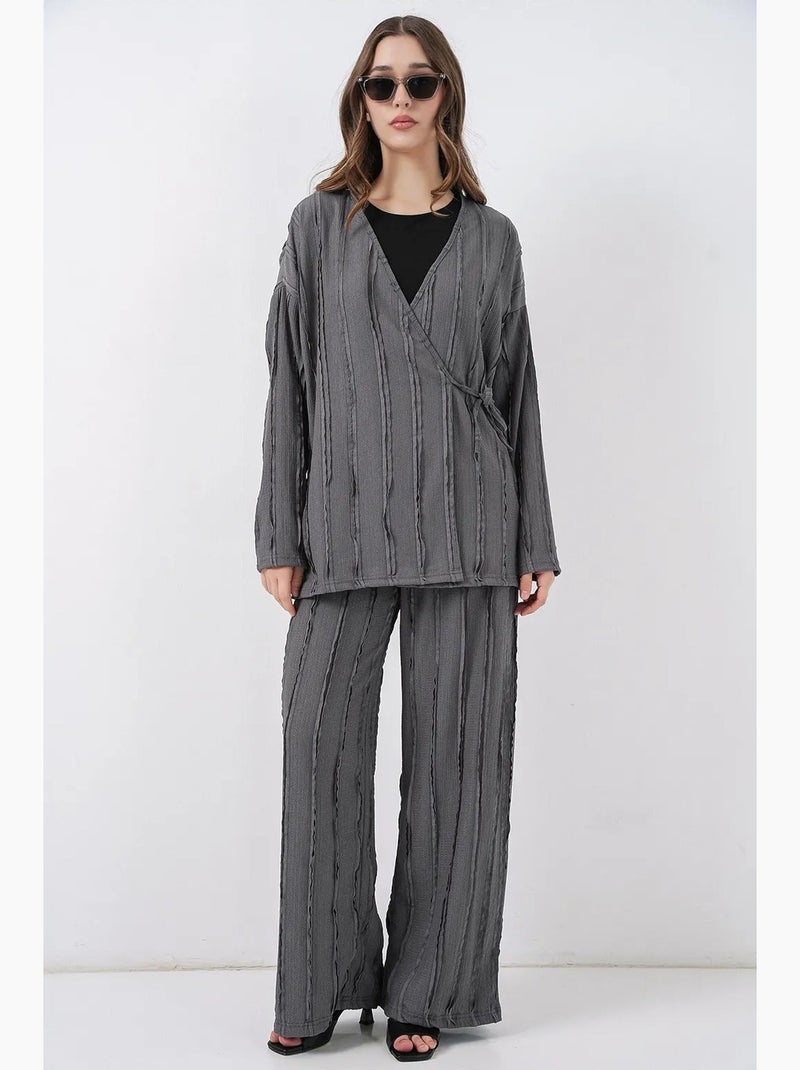 Ensemble kimono et pantalon large à col en v texturé et détail cravate bdart Gris - Kiabi