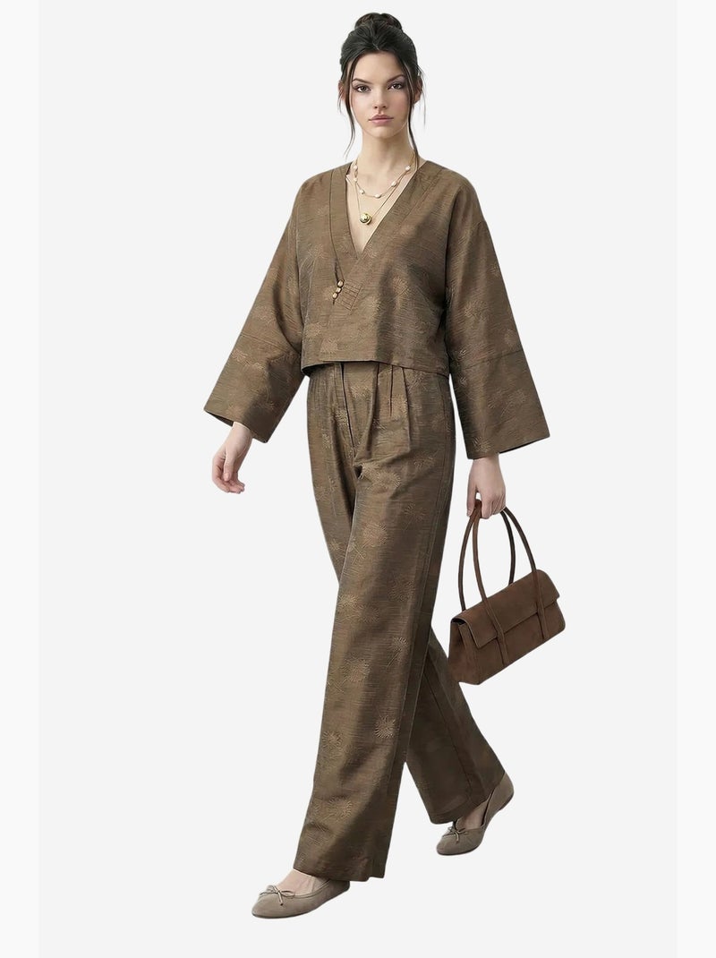 Ensemble kimono oversize à col v fleuri et pantalon large lucci Kaki - Kiabi