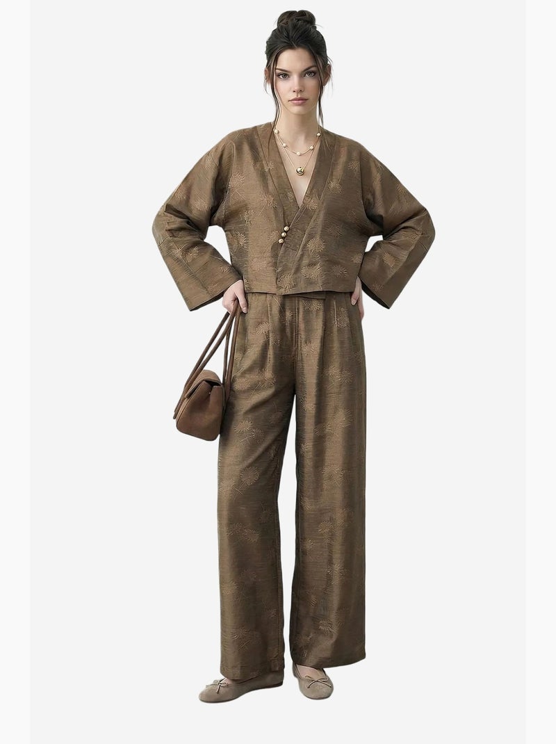 Ensemble kimono oversize à col v fleuri et pantalon large lucci Kaki - Kiabi