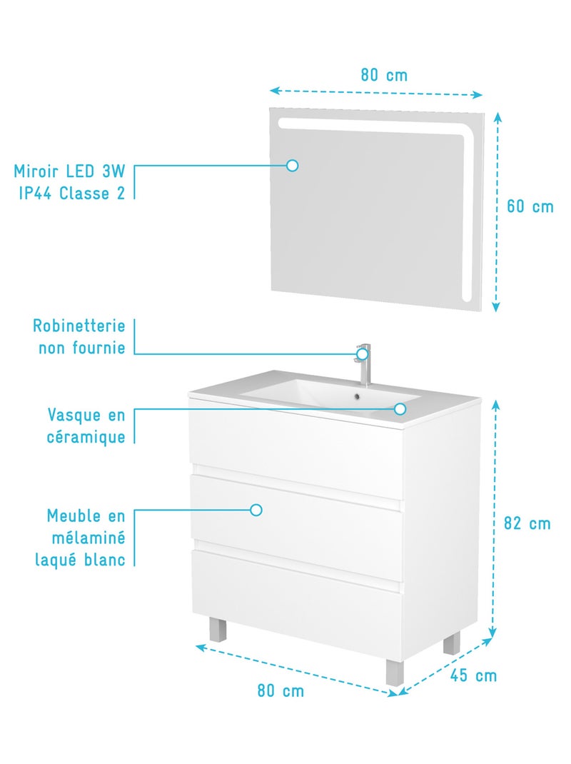 Ensemble meuble vasque et miroir à led Blanc - Kiabi