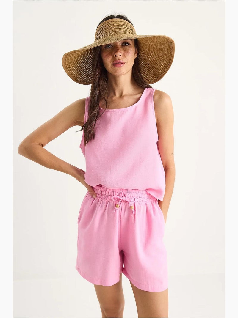 Ensemble mousseline, chemisier à bretelles et short à poches lucci Rose fluo/Solinotes - Kiabi