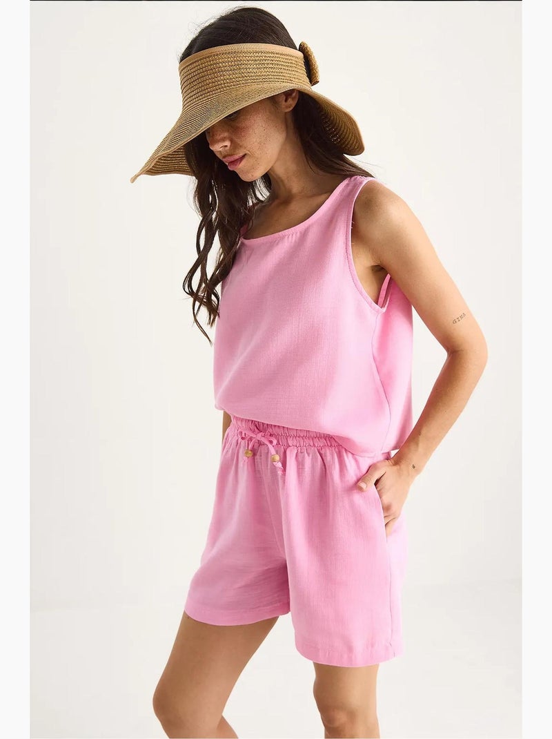 Ensemble mousseline, chemisier à bretelles et short à poches lucci Rose fluo/Solinotes - Kiabi