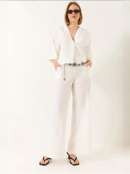 Ensemble pantalon kimono palazzo en lin à col en v et manches chauve-souris lucci - Kiabi