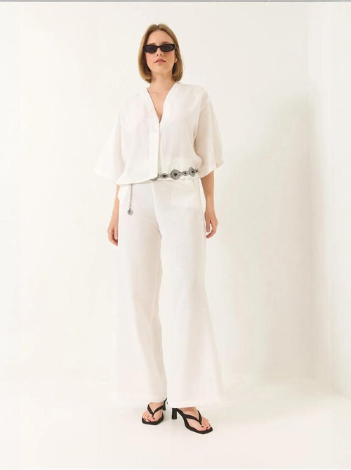 Ensemble pantalon kimono palazzo en lin à col en v et manches chauve-souris lucci - Kiabi
