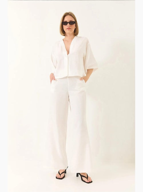 Ensemble pantalon kimono palazzo en lin à col en v et manches chauve-souris lucci - Kiabi