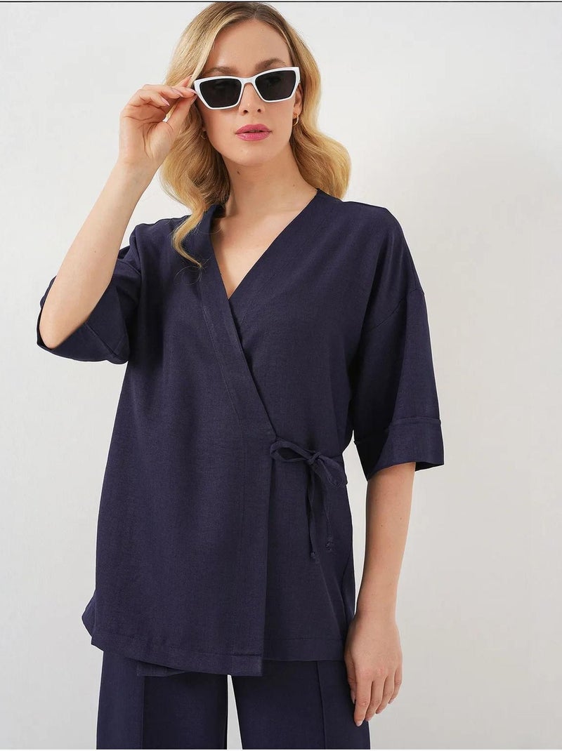 Ensemble pantalon kimono surdimensionné à col en v et fermeture à nouer bdart Bleu marine - Kiabi