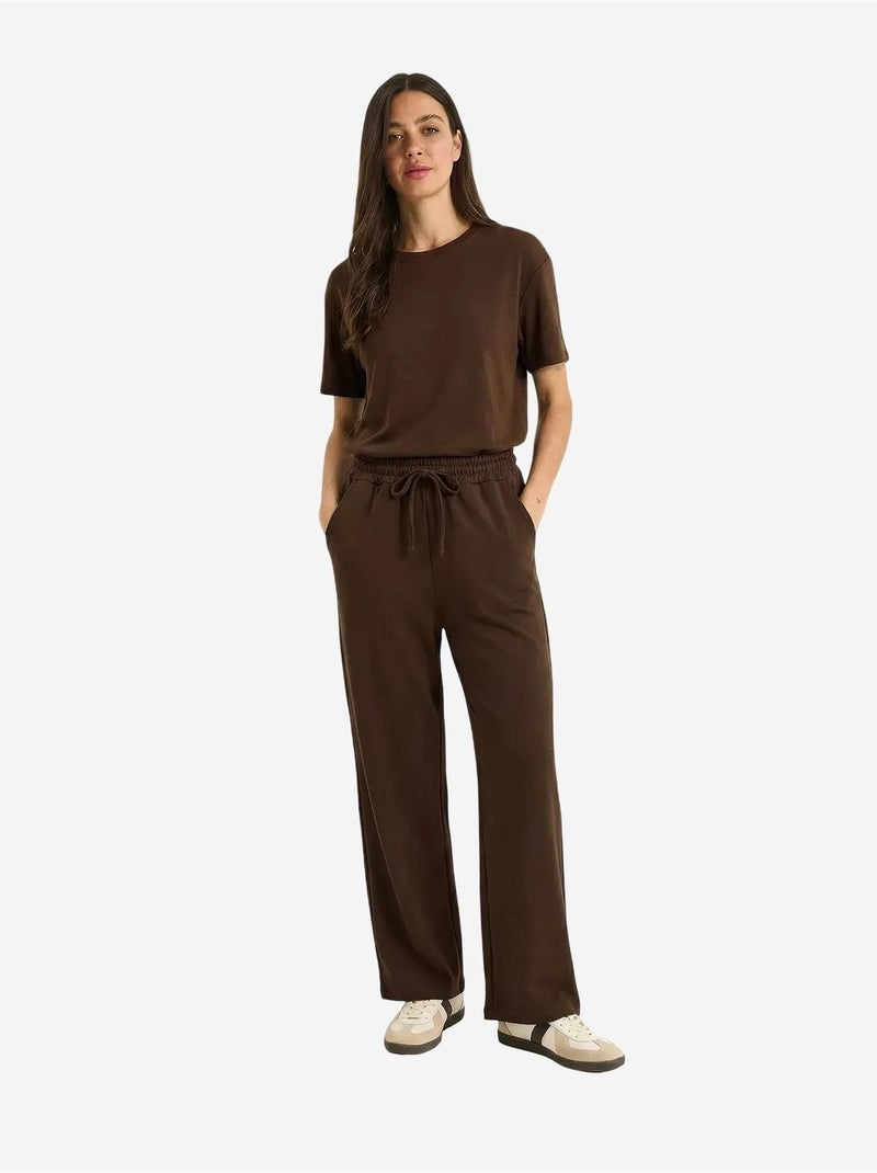 Ensemble pantalon large taille mi-haute et t-shirt à col rond lucci Marron chocolat - Kiabi