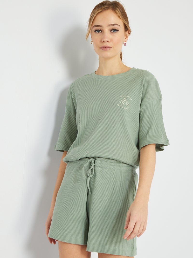 Pyjama 2 Pièces Femme été - Short Fendu Côtés Et Haut à Col Rond Rayé - Matière Douce En Polyester élasthanne