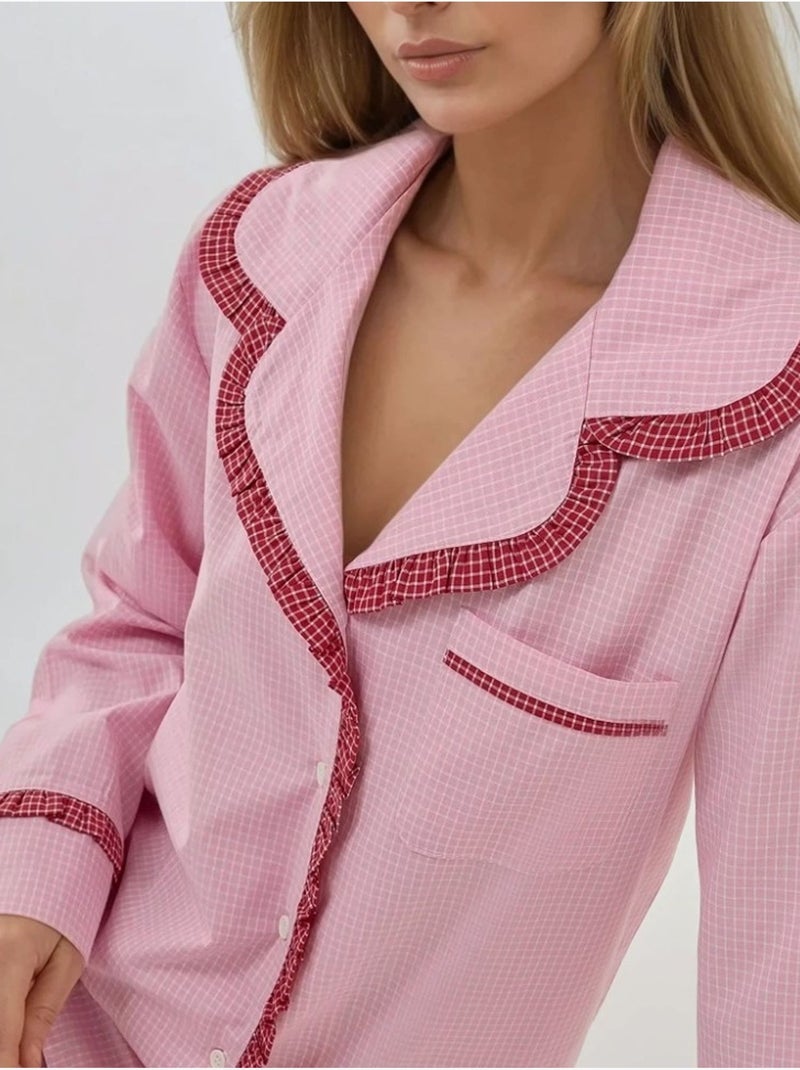 Ensemble pyjama à carreaux et col chemise hiccup Rose - Kiabi