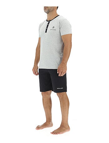 Ensemble pyjama court homme en coton uni col boutonné & logo poitrine pierre cardin