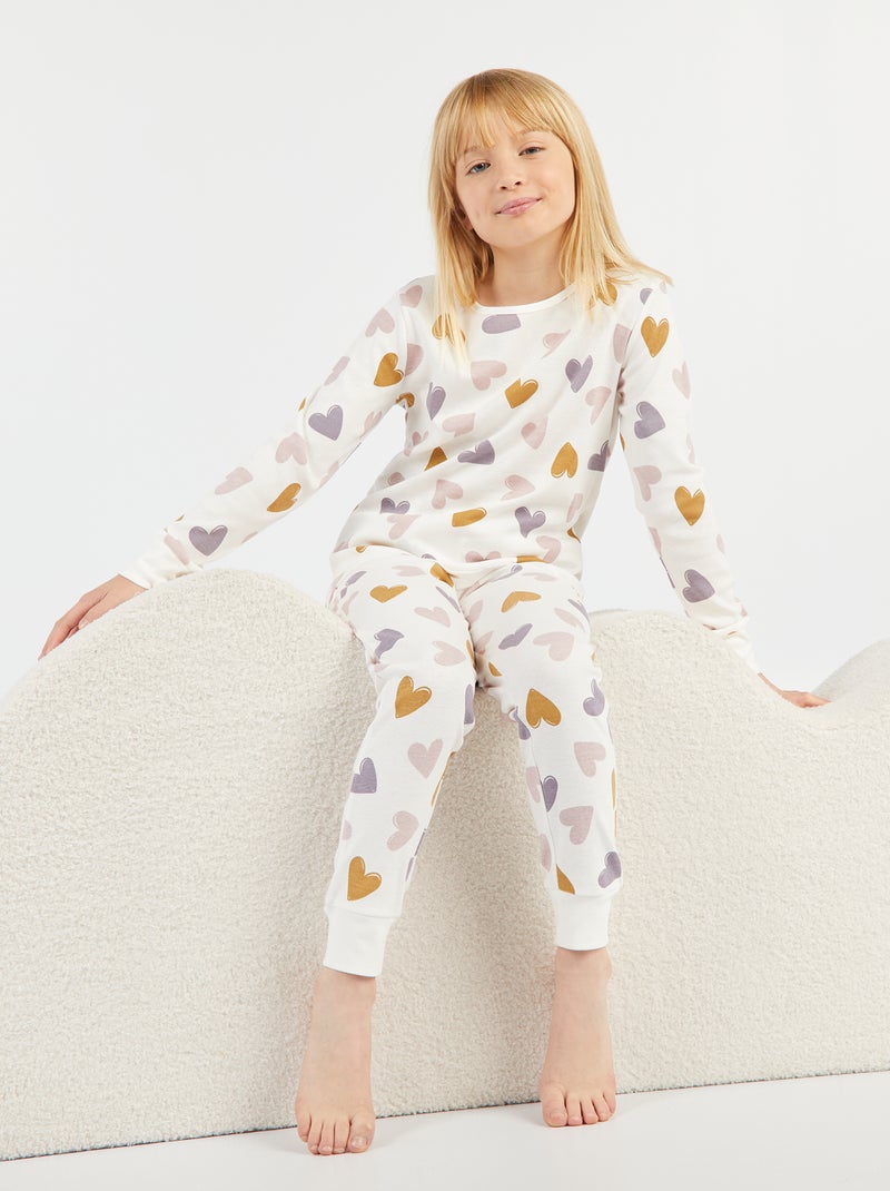 Ensemble pyjama long t-shirt + pantalon - 2 pièces Blanc coeurs - Kiabi
