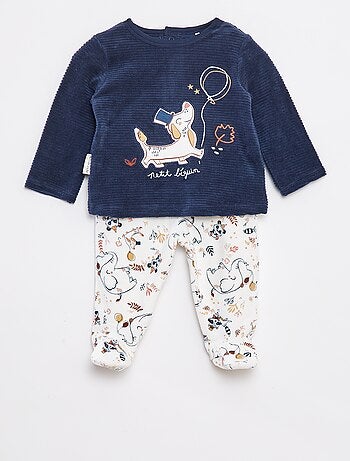 Ensemble pyjama long t-shirt + pantalon avec pieds en polaire - 2 pièces