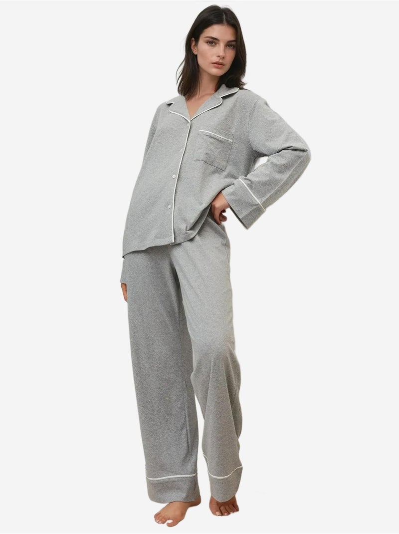 Ensemble pyjama taille haute à jambes larges et col chemise hiccup Gris clair - Kiabi