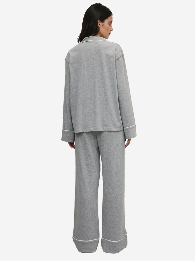 Ensemble pyjama taille haute à jambes larges et col chemise hiccup Gris clair - Kiabi