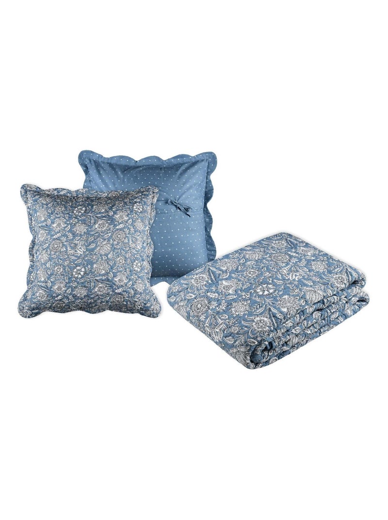 Ensemble réversible boutis et taies au style fleuri Bleu - Kiabi