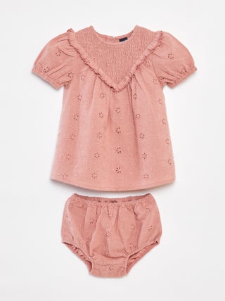 Ensemble robe avec broderies anglaises + culotte - 2 pièces
