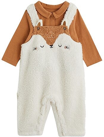Ensemble salopette bébé en sherpa et t-shirt caramel