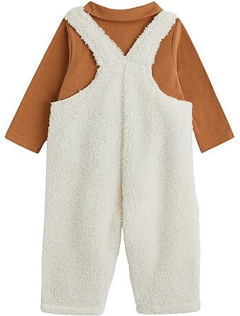 Ensemble salopette bébé en sherpa et t-shirt caramel