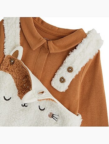 Ensemble salopette bébé en sherpa et t-shirt caramel