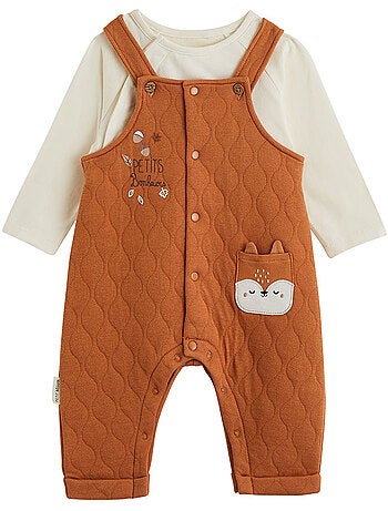 Ensemble salopette bébé matelassé et t-shirt caramel