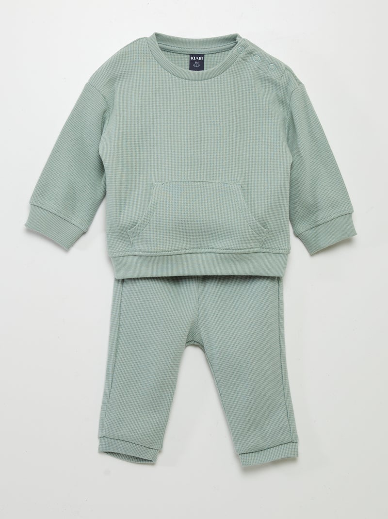 Ensemble sweat + pantalon en nid d'abeilles - 2 pièces Vert - Kiabi