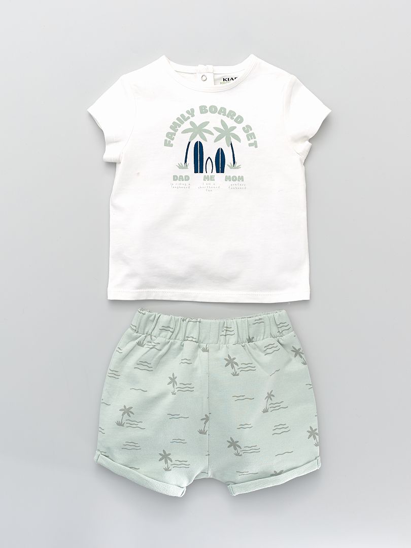 Ensemble t-shirt + short fantaisie Blanc/vert 'palmier' - Kiabi
