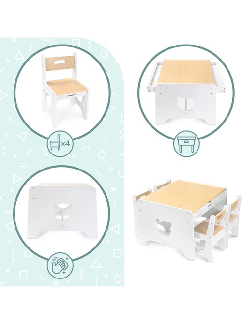 Ensemble table avec 2 tiroirs et 4 chaises ours en bois mamabrum - Kiabi