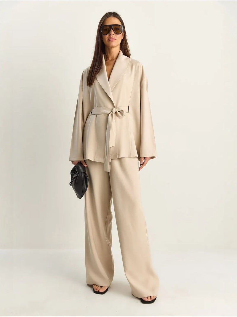 Ensemble taille haute avec détail nœud et col châle lucci Beige argile - Kiabi