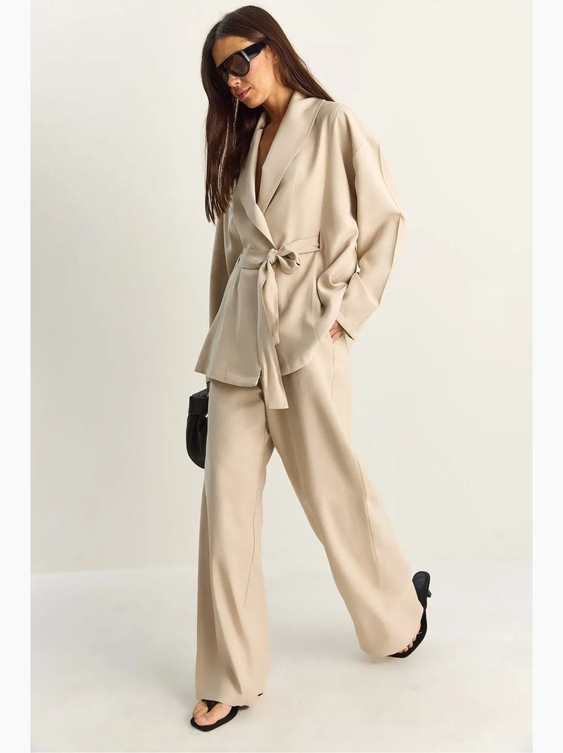 Ensemble taille haute avec détail nœud et col châle lucci Beige argile - Kiabi