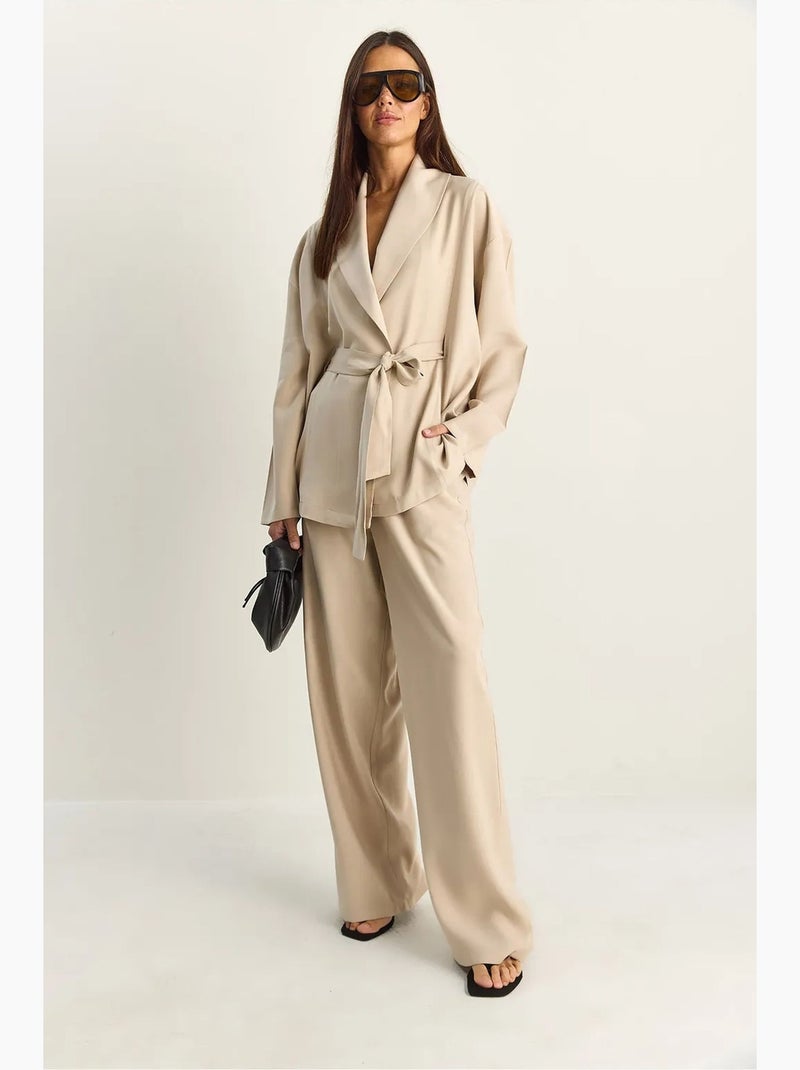 Ensemble taille haute avec détail nœud et col châle lucci Beige argile - Kiabi